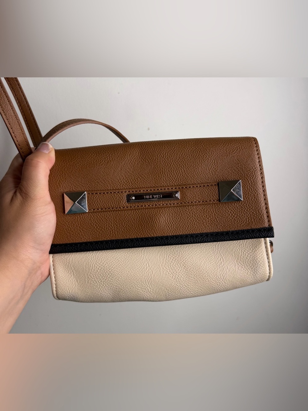 Nine West Two-Tone Saddle Brown and Cream Shoulder Bag with Silver Accents